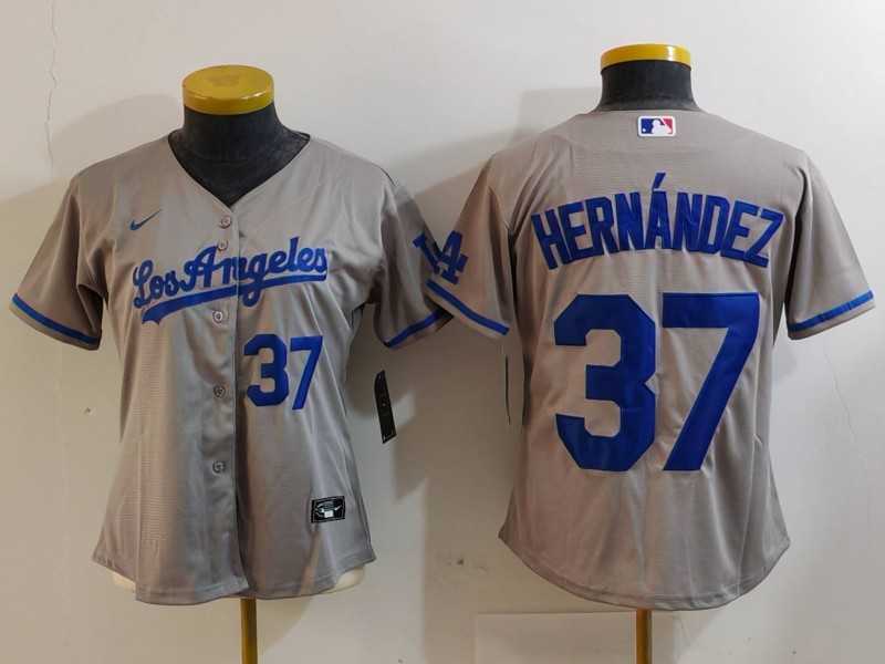 Women%27s Los Angeles Dodgers #37 Teoscar Hernandez Number Grey With Los Cool Base Stitched Jerseys